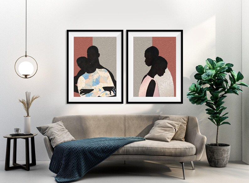 Black Couple Wall Art Set of 2, African American Canvas Prints, Modern Mixed Media Portraits, Romantic Neutral Decor, Contemporary Black Art image 11