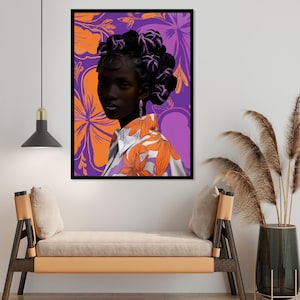 Black woman collage in orange and purple. African American Woman Modern Wall Art. Portrait of a black woman in a contemporary style.