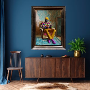 Black man with a book. African American man wearing bright colored clothes. Modern Afro Wall Poster. African American Art Print with Frame.