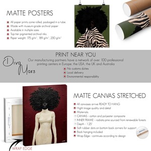 May include: Artwork featuring a woman with a large afro, depicted in a white turtleneck dress. The image is a matte canvas print, ready to hang. The artwork is available in multiple sizes.