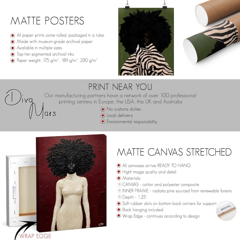 May include: Artwork featuring a woman with a large afro, depicted in a white turtleneck dress. The image is a matte canvas print, ready to hang. The artwork is available in multiple sizes.