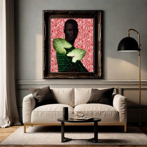 Wall art print of a black man with two green leaves. African American man. Modern African Wall Décor. African American Art Print with Frame.