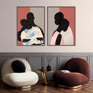 Black Couple Wall Art Set of 2, African American Canvas Prints, Modern Mixed Media Portraits, Romantic Neutral Decor, Contemporary Black Art image 13