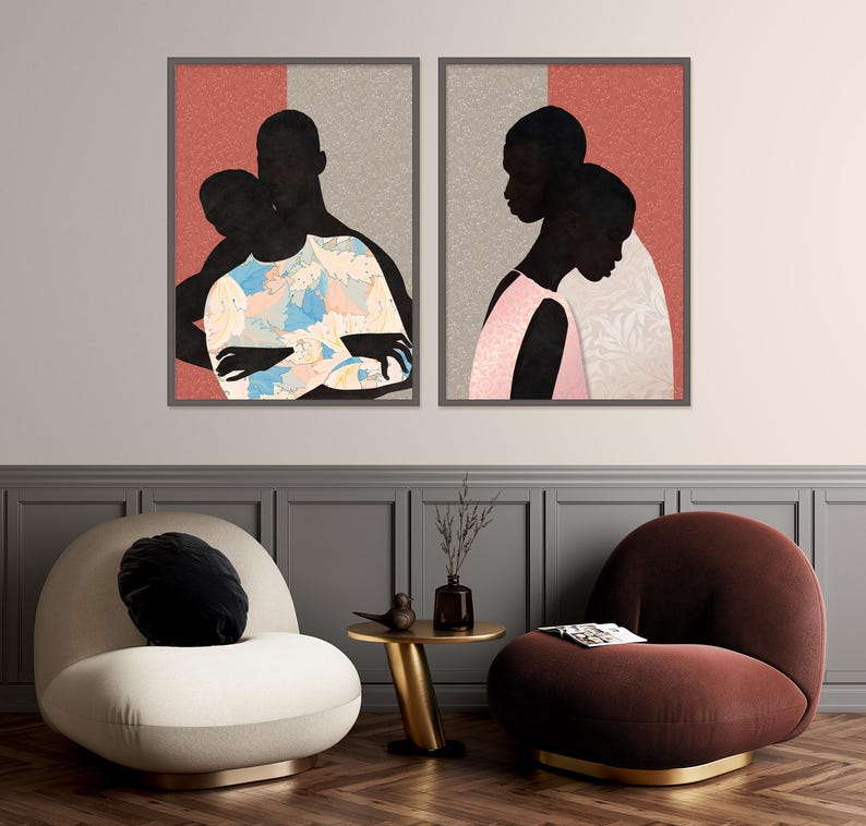 Black Couple Wall Art Set of 2, African American Canvas Prints, Modern Mixed Media Portraits, Romantic Neutral Decor, Contemporary Black Art image 13