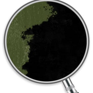 Op de afbeelding: Een close-up door een vergrootglas toont een getextureerd oppervlak verdeeld in twee gebieden. De ene kant is een gedempt olijfgroen, de andere is diepzwart. Het vergrootglas heeft een zilveren rand en een zwarte handgreep.