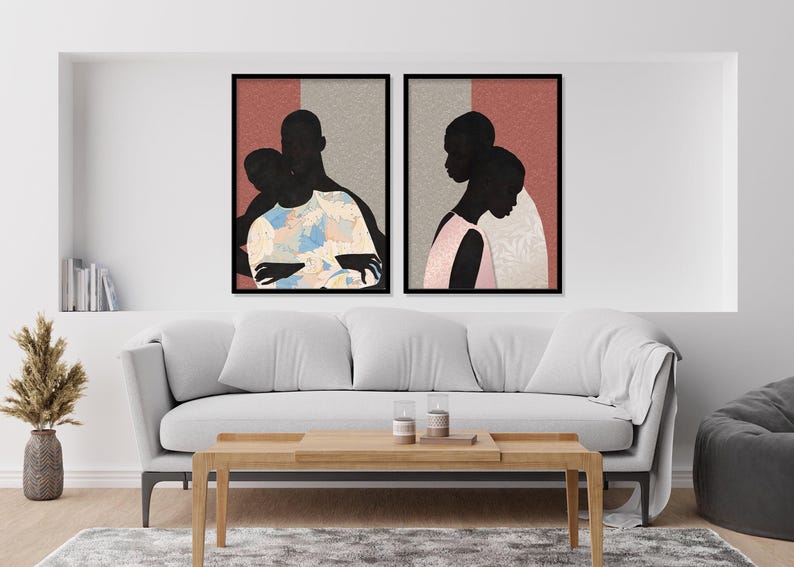Black Couple Wall Art Set of 2, African American Canvas Prints, Modern Mixed Media Portraits, Romantic Neutral Decor, Contemporary Black Art image 20