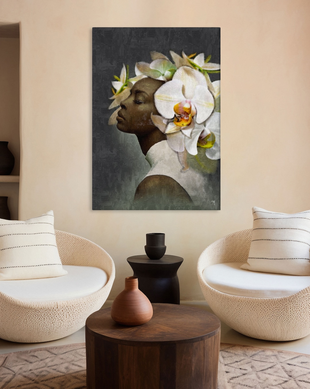 Black Woman Head Flowers Wall Art, Girl Flowers Canvas Print, Art Woman ...