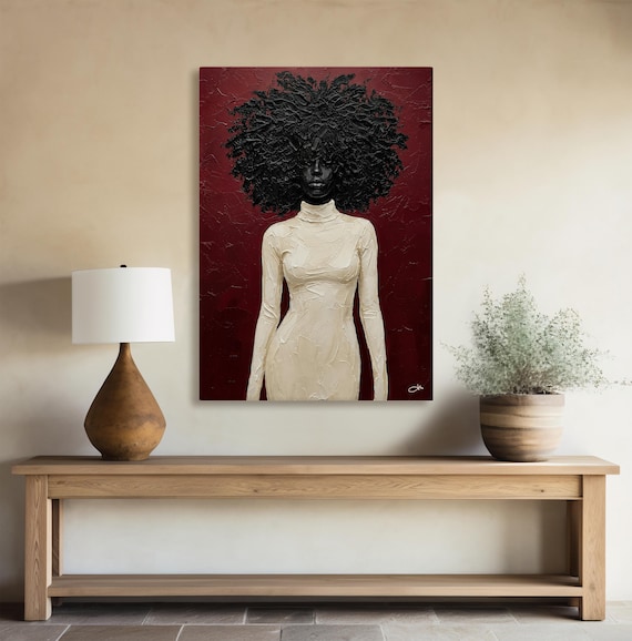 Black Woman Wall Art Canvas, Burgundy Afro Portrait, Textured African American Painting, Modern Statement Artwork, Luxury Living Room Decor