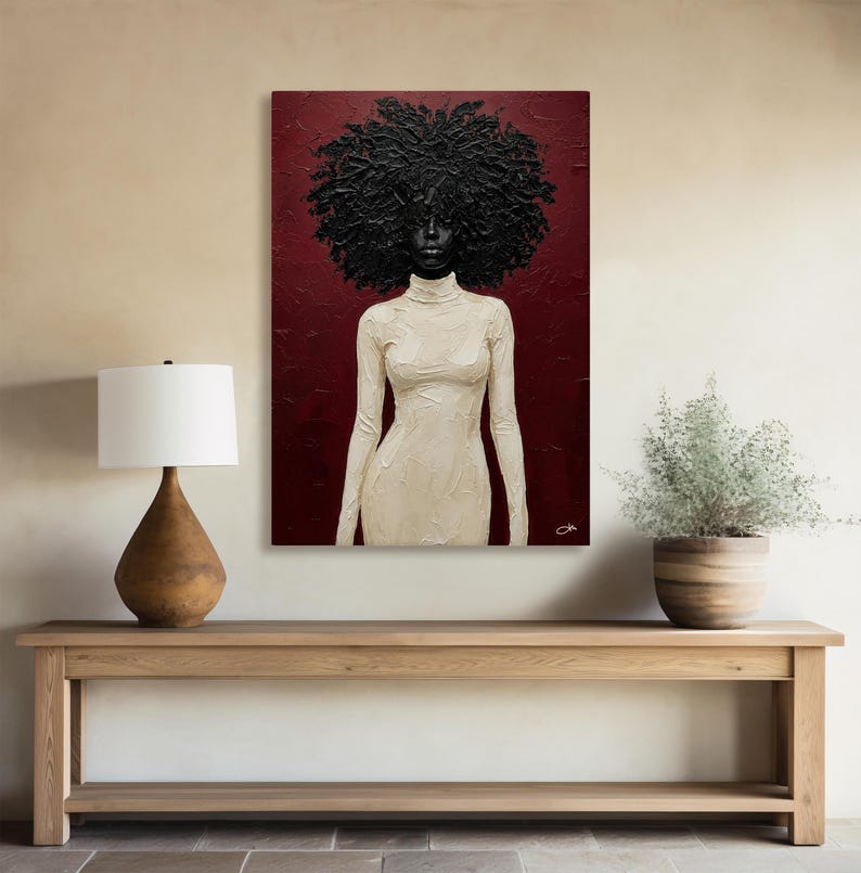 burgundy and black wall art,
textured afro portrait,
luxury african american decor,
black woman statement art,
modern elegant canvas print,
contemporary portrait wall art,
neutral and burgundy decor,
feminine luxury wall art,
oversized afro canvas,
modern black woman painting,