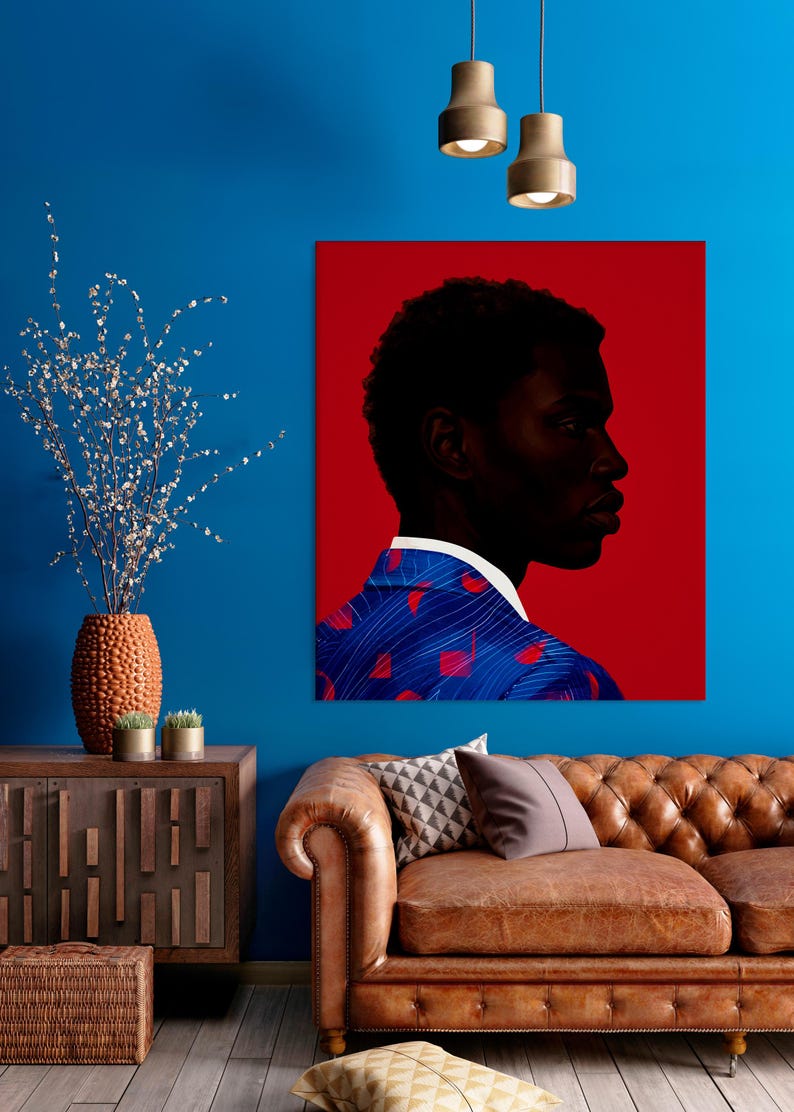 Black Man Wall Art Print, African American Portrait, Modern Red Background Art, Contemporary Male Portrait Decor, Statement Wall Art image 1