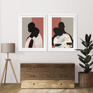 Black Couple Wall Art Set of 2, African American Canvas Prints, Modern Mixed Media Portraits, Romantic Neutral Decor, Contemporary Black Art image 18