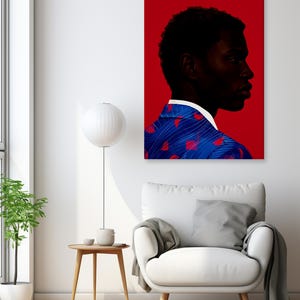 May include: A portrait on a red background depicts a person in profile, wearing a blue suit with a white collar. The suit features a pattern of red shapes. The person's skin is dark, and their hair is short and dark.