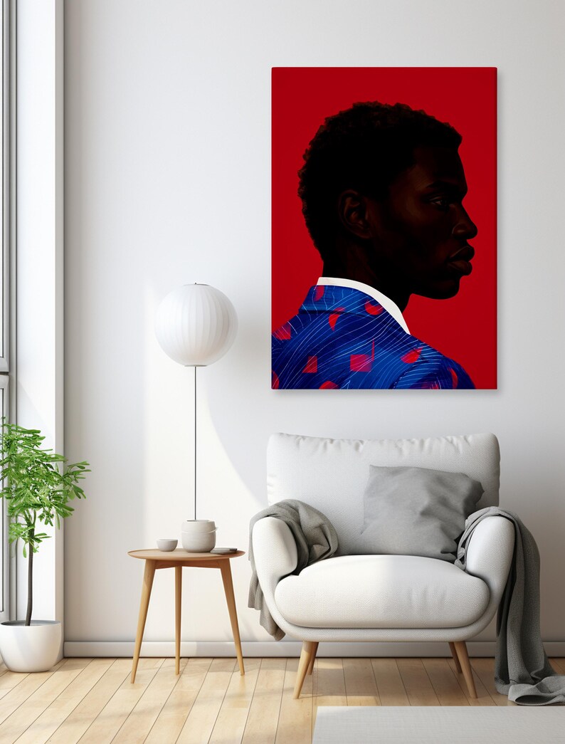 May include: A portrait on a red background depicts a person in profile, wearing a blue suit with a white collar. The suit features a pattern of red shapes. The person's skin is dark, and their hair is short and dark.