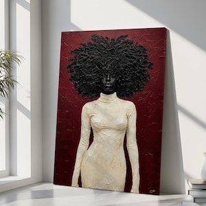 May include: A textured painting of a person with a large, dark afro and a cream-colored turtleneck dress. The background is a deep red. The artwork is displayed in a well-lit corner.