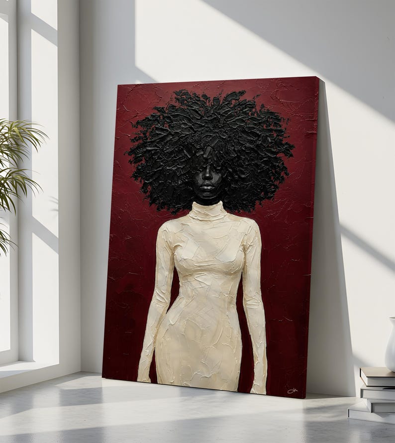 May include: A textured painting of a person with a large, dark afro and a cream-colored turtleneck dress. The background is a deep red. The artwork is displayed in a well-lit corner.