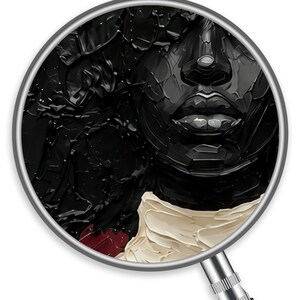 May include: Close-up of a black and white oil painting of a face, viewed through a magnifying glass. The face is rendered in thick, textured brushstrokes, with a focus on the lips, nose, and eyes. A cream-colored garment is visible.