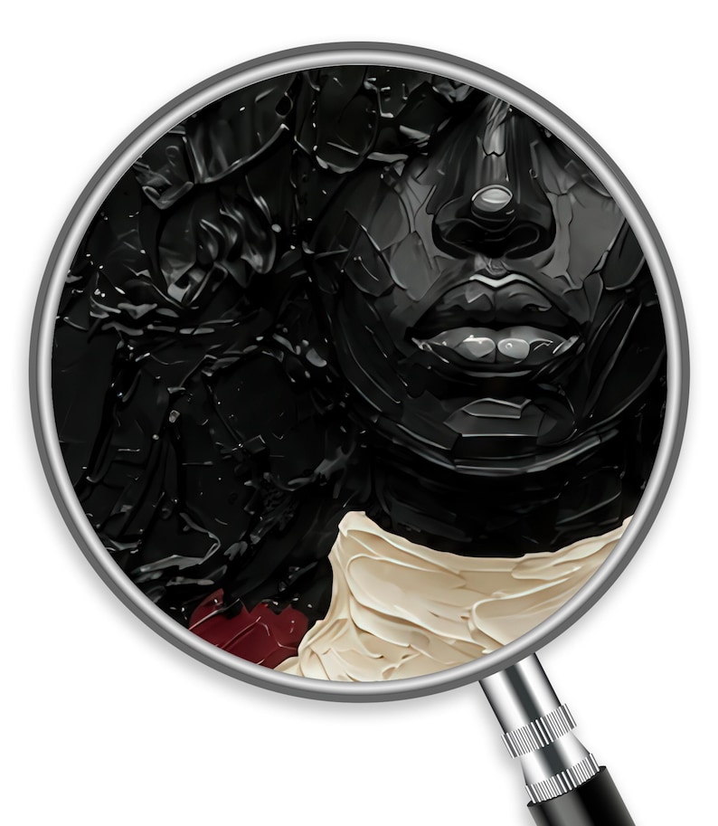 May include: Close-up of a black and white oil painting of a face, viewed through a magnifying glass. The face is rendered in thick, textured brushstrokes, with a focus on the lips, nose, and eyes. A cream-colored garment is visible.