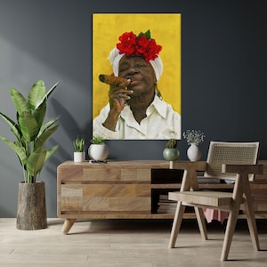 Portrait of an Authentic Cuban Woman, Cuban Wall Art, Art Print on Canvas, Wall Home Décor, Black Art Print, Mixed Media