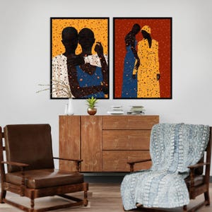 Two romantic art posters with black women. Boho collage with floral elements and African American women. Romantic art print. Wall Art Décor.