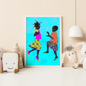 African girls Art print. Color collage with African American children. Art print with bright contrasting colors. Handmade home art décor.