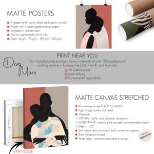 May include: A matte poster and a stretched matte canvas featuring a graphic illustration of two figures in silhouette. The artwork displays a split background of textured grey and coral red. The canvas has a 3.175 cm depth and a wrap edge design.