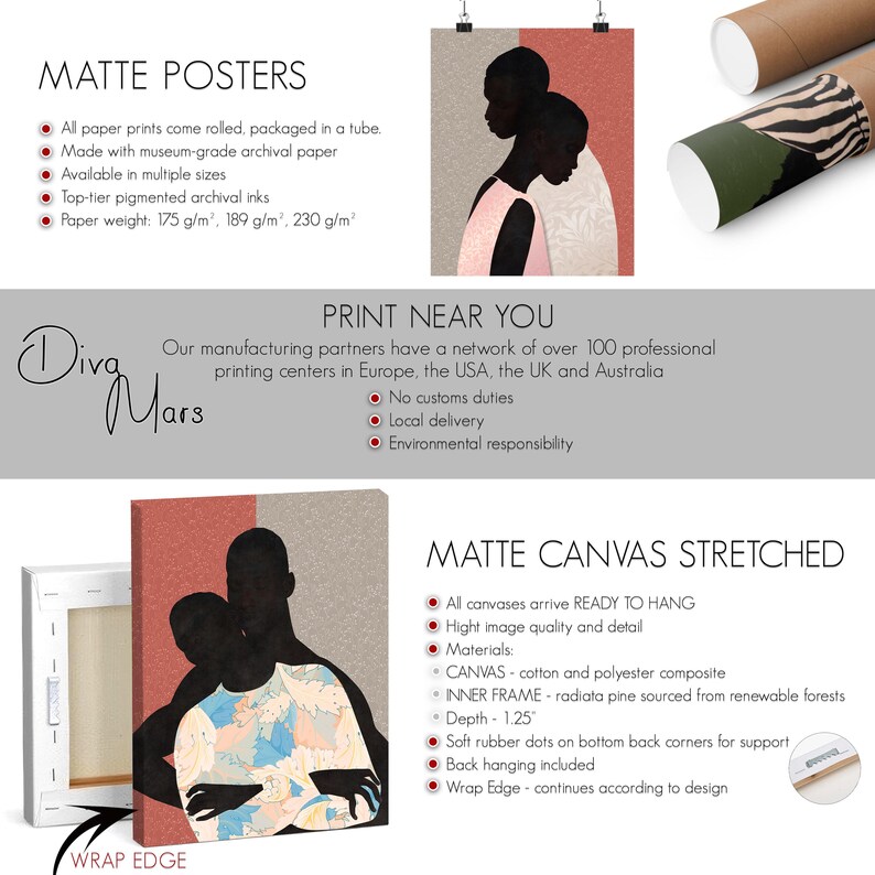 May include: A matte poster and a stretched matte canvas featuring a graphic illustration of two figures in silhouette. The artwork displays a split background of textured grey and coral red. The canvas has a 3.175 cm depth and a wrap edge design.