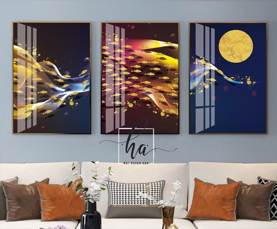 Midnight Blue Abstract Painting 3 Print Set Abstract Wall Etsy