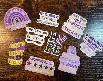 Autoimmune Disease Awareness Sticker Pack | Chronic Illness Stickers | Purple Ribbon | Hope | Drawn | Water Resistant | Water Bottle Laptop