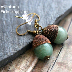 Acorn earrings, aventurine, hand collected acorn caps, gift for nature lover, gift for women, moss green acorn earrings