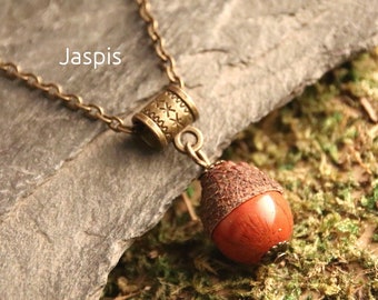 Jasper acorn, natural jewelry, necklace handmade, gemstone, bronze, boho, hippie