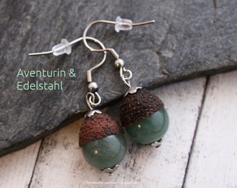 Aventurine Acorn, STAINLESS STEEL, Natural jewelry, Handmade earrings, Autumn earrings, Gift for nature lovers, Gift for women