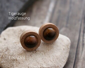 Tiger's Eye Stud Earrings Cabochon Wooden Setting Stainless Steel Gemstone for Her and Him Minimalist