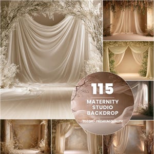 May include: A collection of 115 digital photography backdrops featuring draped cream-coloured fabric, floral arches, and dried botanical elements. The text 115 MATERNITY STUDIO BACKDROP 300 DPI - PREMIUM QUALITY is displayed in white on a circular overlay.