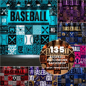 Pode incluir: Uma colagem digital de designs de patchwork com tema de beisebol apresentando a palavra BASEBALL em várias fontes e cores. Os padrões incluem tacos cruzados, bolas de beisebol e formas geométricas em azul, roxo, dourado, vermelho e preto.