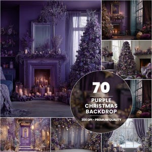 May include: A collection of images showcasing purple Christmas backdrops. The scenes include decorated Christmas trees, fireplaces with candles, and festive decorations. The text "70 PURPLE CHRISTMAS BACKDROP" is visible.