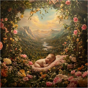 Woodland Newborn Digital Backdrop: Floral Nest, Forest Scene (Digital Download)