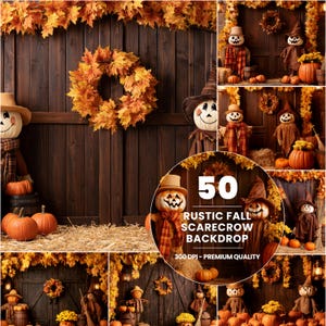Puede incluir: Un fondo de fotografía digital que muestra una pared de madera marrón oscuro decorada con hojas de arce otoñales naranjas y amarillas, una corona circular, calabazas y figuras de espantapájaros. El texto dice 50 RUSTIC FALL SCARECROW BACKDROP 300 DPI - PREMIUM QUALITY.