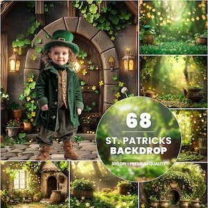 May include: A child dressed as a leprechaun stands in front of a green door with a stone archway. The door is decorated with shamrocks and vines. The background is a green forest with a pot of gold at the base of a tree. The text "68 St. Patricks Backdrop 300 DPI - Premium Quality" is displayed on the image.