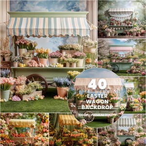 May include: A collection of Easter-themed backdrops featuring flower carts and stalls. The backdrops showcase pastel colors, striped awnings, and various floral arrangements. The text "40 EASTER WAGON BACKDROP" is visible.