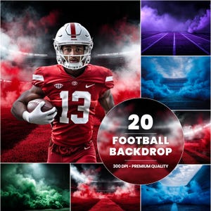 May include: 20 football field backdrop images with smoke effects in various colors, including red, blue, green, and purple. The images are 300 DPI and of premium quality.