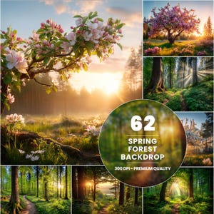 Op de afbeelding: Een collage van lentebosachtergronden. De afbeeldingen tonen bloeiende bomen, zonovergoten paden en weelderig groen gebladerte. De centrale afbeelding heeft de tekst "62 SPRING FOREST BACKDROP 300 DPI - PREMIUM QUALITY".
