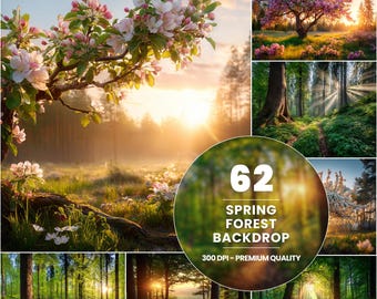 62 lentebos achtergronden, bloeiende natuur achtergrond, groene bosrijke scène, zonnige landschapsfoto, digitale download, 300 DPI