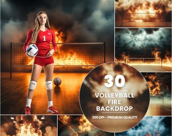 30 Volleyball Digital Backdrops with Fire Smoke and Fog, Sports Background For Volleyball Poster & Banner, Sports Photography Backgrounds