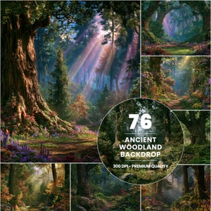 Puede incluir: Una colección de 76 fondos digitales de bosque antiguo con árboles centenarios, suelos forestales exuberantes con flores coloridas y rayos de sol filtrándose a través del dosel. El círculo muestra el texto 76 ANCIENT WOODLAND BACKDROP 300 DPI - PREMIUM QUALITY.