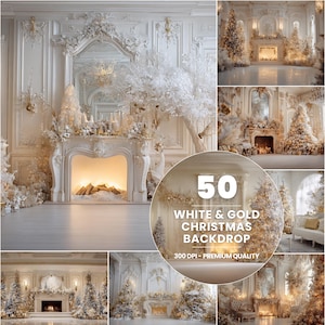 Puede incluir: Un collage de fondos navideños blancos y dorados. Las imágenes presentan elegantes y ornamentadas habitaciones con árboles de Navidad decorados, chimeneas y detalles decorativos. El texto central dice "50 White & Gold Christmas Backdrop".
