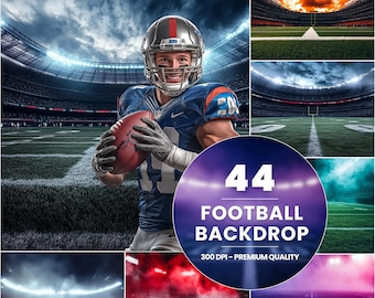 May include: A composite image featuring a football player in a stadium, holding a football. The image includes a circular graphic with the text "44 FOOTBALL BACKDROP" and additional stadium scenes. The player wears a blue uniform and a helmet.