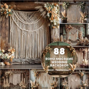 Boho makramé bröllopsbakgrund, rustik pampasceremoniscen (digital nedladdning)