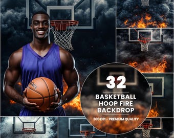 32 Basketball Hoop Fire Digital Backdrops: Sports Photography Overlays (Digital Download)