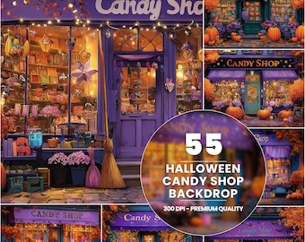 May include: A digital illustration of a candy shop decorated for Halloween. The shop has a purple facade with the words "Candy Shop" above the entrance. Pumpkins and autumn foliage are visible, and the image includes the text "55 Halloween Candy Shop Backdrop."
