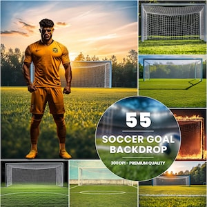 May include: A collection of 55 soccer goal backdrop images. The images feature different backgrounds, including a green field, a sunset, and a fiery inferno. The images are 300 DPI and are of premium quality.